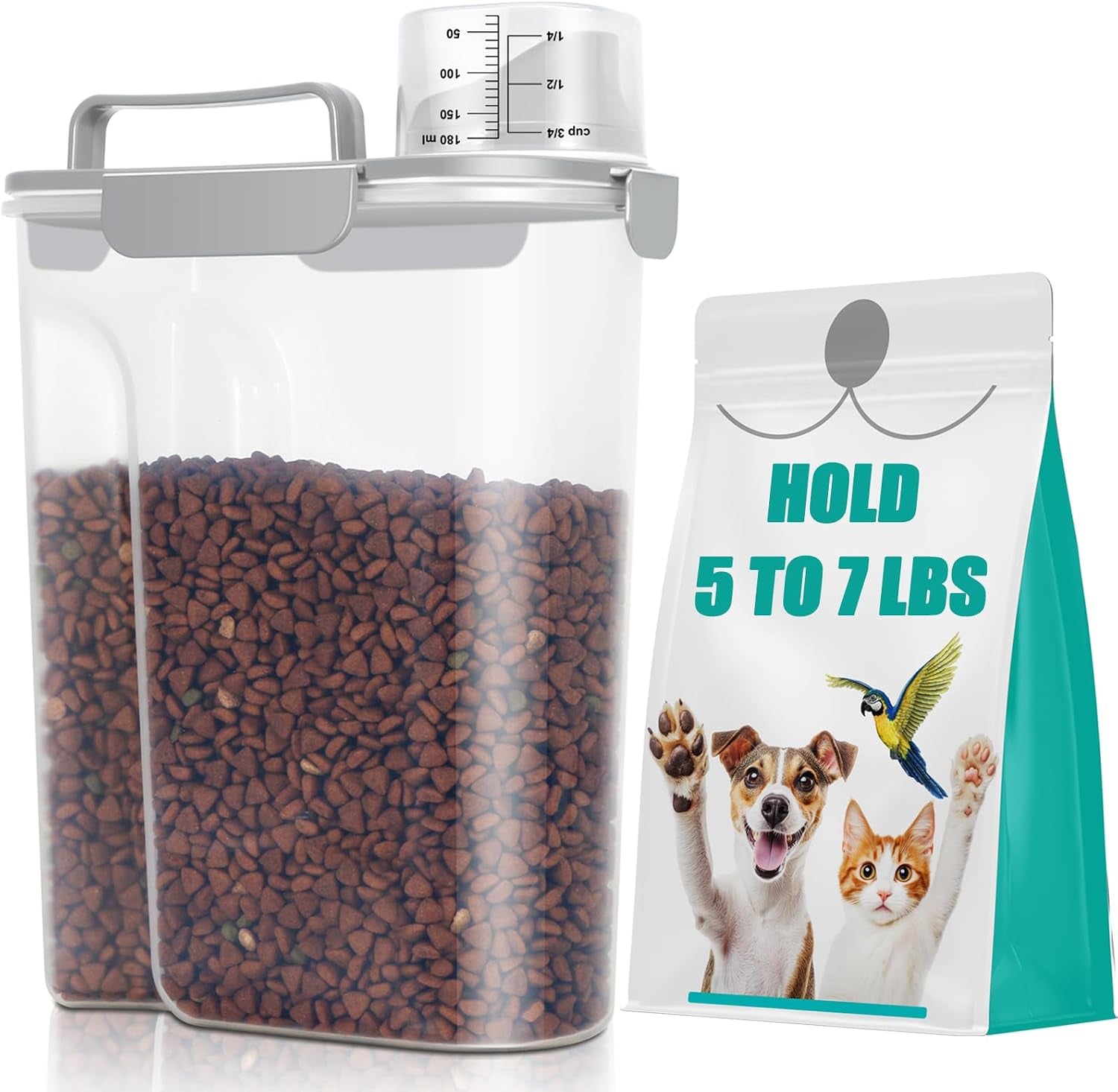 Dog Cat Food Storage Container 5 to 7 Lbs, Airtight Pet Food Dispenser with Easy-Pouring Spout & Measuring Cup, Portable Kibble Container for Travel Dog Food Storage