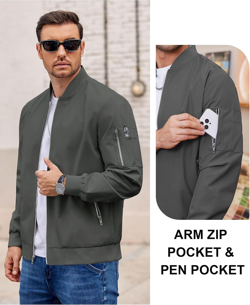 Men Bomber Jacket Lightweight Casual Fashion Stylish Windbreaker | Zip up Bomber Jacket, Water & Wind Proof Jacket with Zip Pocket, Fashion Stylish Lightweight Windbreaker for Spring Fall