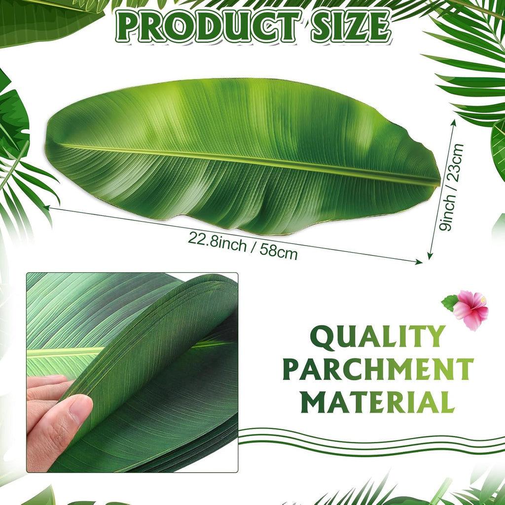 60 Pcs Banana Leaves Parchment Paper Leaf Tropical Artificial Banana Leaves for Cooking Charcuterie Board for Food Serving Hawaiian Party Decoration 22.8 X 9 Inch Centerpieces Placemat