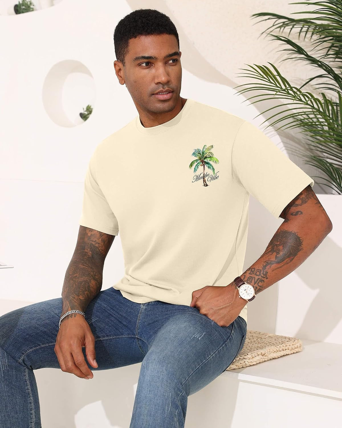 Mens Malibu Vibe Palm Tree California Casual Short Sleeve T-Shirt | Perfect for Surf Travel Great for Beach Lovers West Coast Fans.