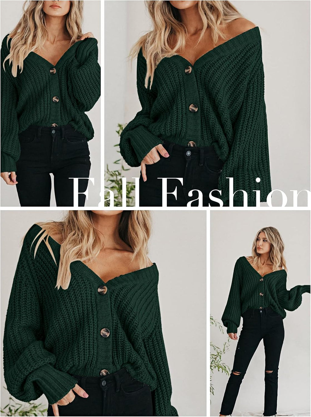 Women'S Chunky Knit Open Front Cardigan Sweaters Fall Outfits | V Neck Button Loose Short Cardigan Outerwear Coats, Slouchy Drop Shoulder Loose Cute Sweaters, Fall Clothes for Work & Office
