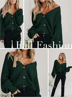 Women'S Chunky Knit Open Front Cardigan Sweaters Fall Outfits | V Neck Button Loose Short Cardigan Outerwear Coats, Slouchy Drop Shoulder Loose Cute Sweaters, Fall Clothes for Work & Office