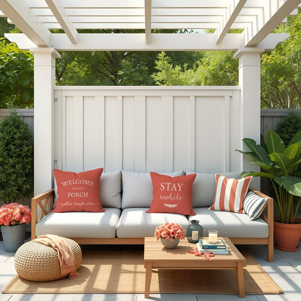 Outdoor Decorative Throw Pillow Covers 18X18 Inch Set of 2, Coral | Welcome to Our Porch Stay Awhile Relax Tropical Summer Patio Decoration for Home Couch Bench Decor