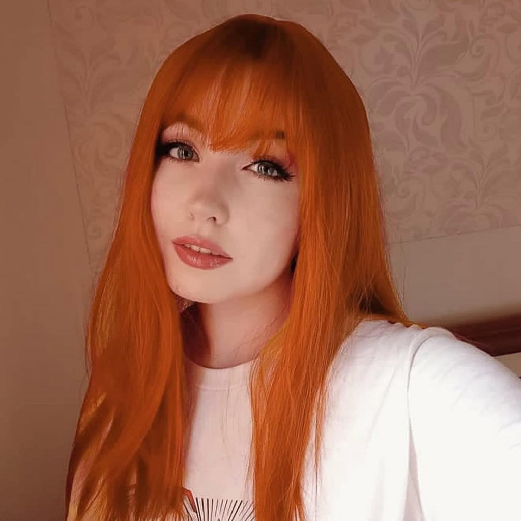 Hair Cap+32 In/ 80 Cm Long Straight Orange Wig with Bangs Synthetic Hair Peluca Naranja Cosplay Wigs for Anime Cosplay Wig Long Ginger Wigs with Bangs for Halloween Women Ginger Costume Wigs