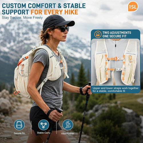 15L Hiking Backpack Lightweight Travel Backpacks Water-Resistant Daypack Fits Cycling Helmets for Men Women for Daily Outdoor Camping, Beige