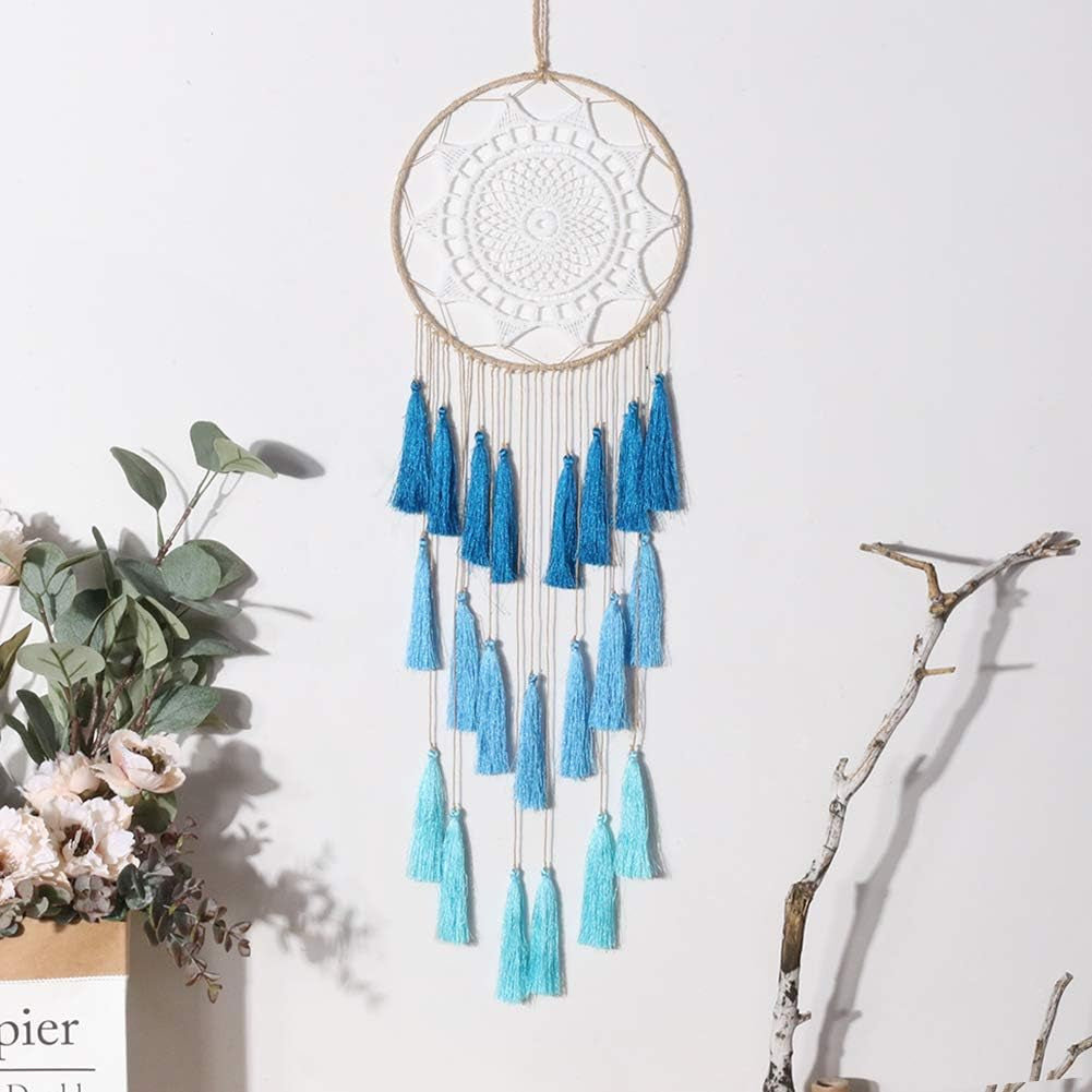 Macrame Dream Catcher Wall Hanging, Blue Large Boho Bedroom Decor | Handmade Tassel Feather Ornament, Natural Cotton, Modern Chic Living Room Nursery Art Decor, Blessing Gift for Women Girls