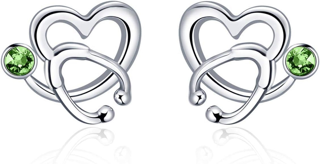 Nurse Earrings 925 Sterling Silver Stethoscope Studs Earrings Simulated 12 Months Birthstone Crystal from Austria, Graduation Jewelry Gifts for Nurse Doctor RN Medical Student