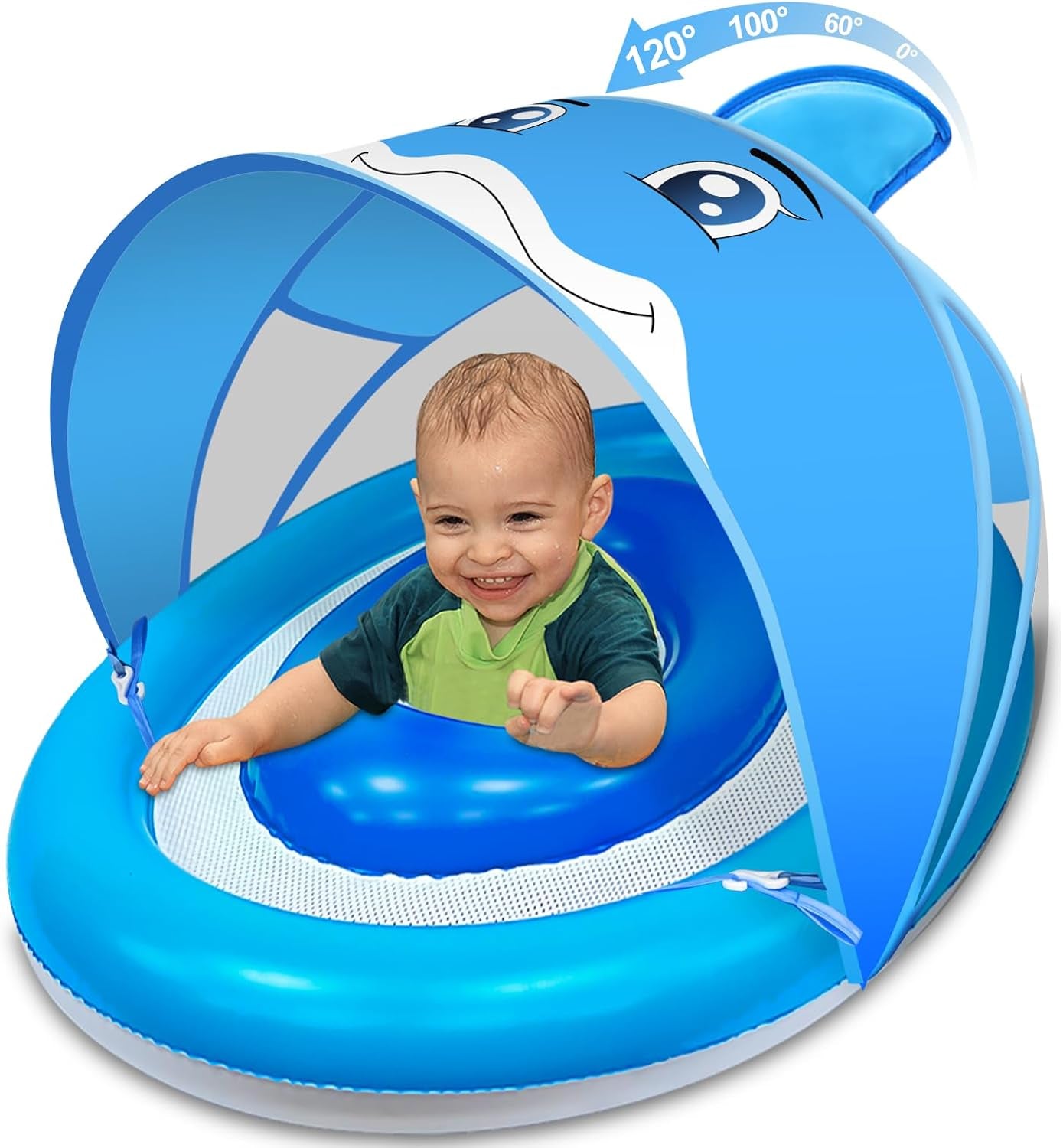 Baby Pool Float with Canopy UPF50+ for Age 6-36 Months 4 Stage Adjustable Canopy and Anti-Tip Safety Seat Dual Air Chambers Inflatable Toddler Floaties Infant Pool Float, Baby Beach Essentials