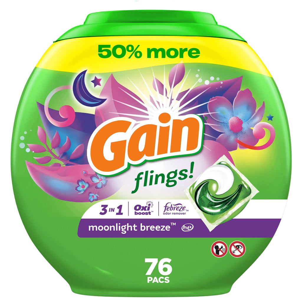 Flings Laundry Detergent Soap Pacs He Compatible 76 Ct Long Lasting Scent Moonlight Breeze