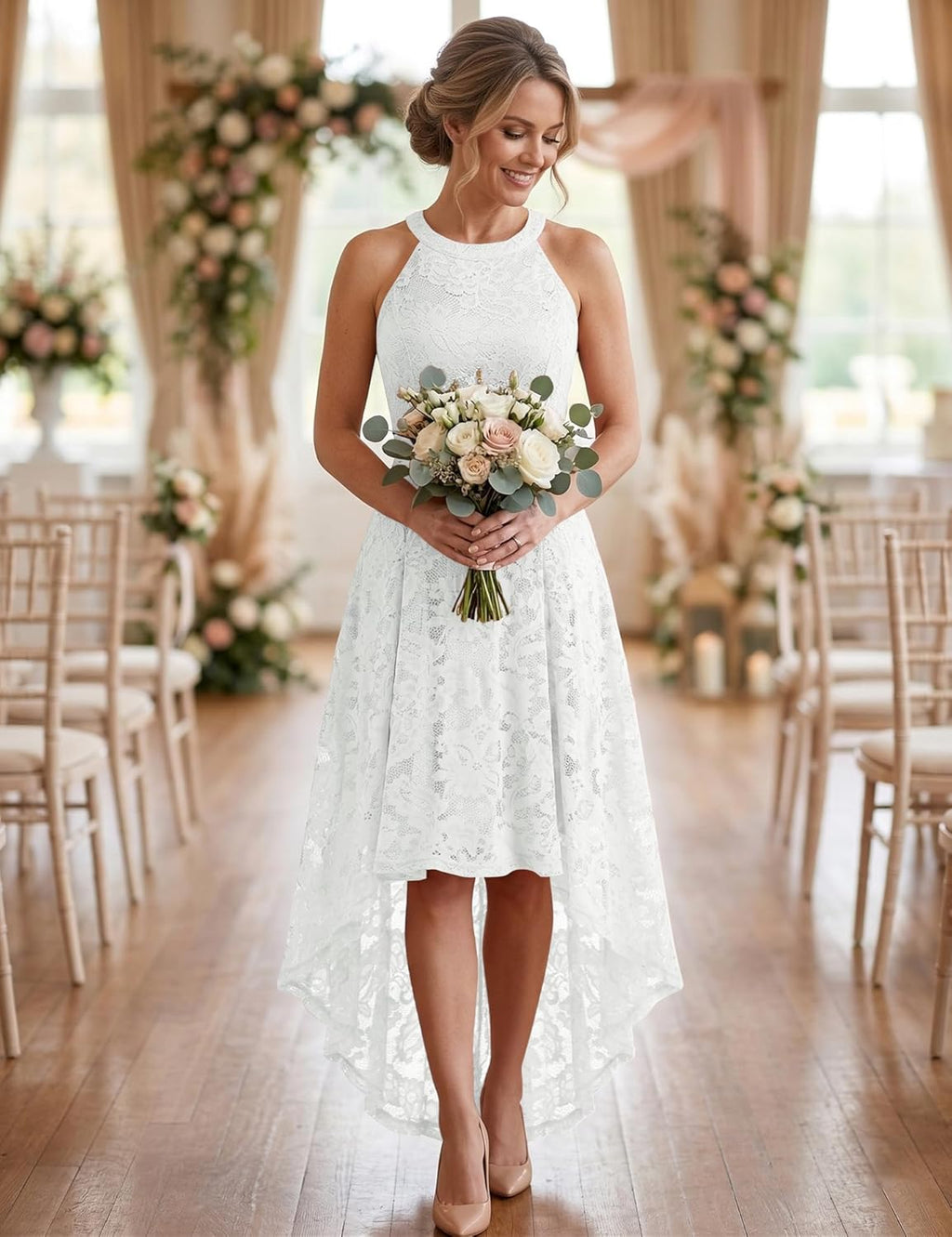 Women Halter Lace Hi Lo Wedding Guest Cocktail Formal Dress | Bridesmaid Wedding Dresses,Sleeveless,Halter Top Neckline,High Low Hem,Elegant a Line Design,Soft Floral Lace Party Dress