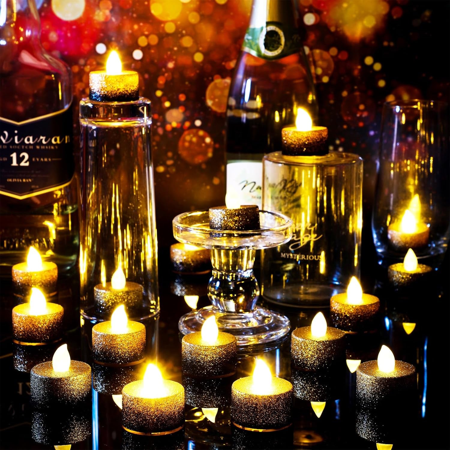 48 Pcs Flameless LED Tea Lights Gold Black Glitter Electric Fake Candles for Centerpieces Battery Operated Anniversary Decorations Romantic Winter Decor for Wedding Festival Christmas Birthday
