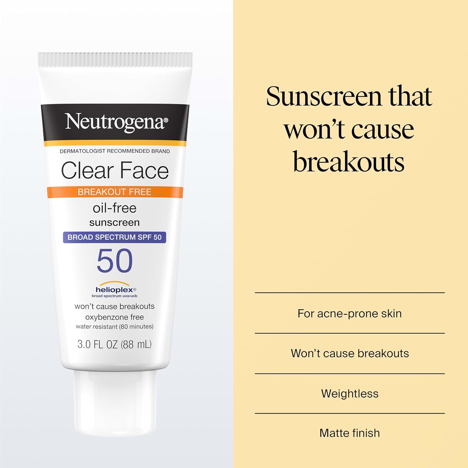 Neutrogena Clear Face Sunscreen Lotion SPF 50, 3 Fl. Oz | for Acne-Prone Skin, Broad Spectrum UVA/UVB Protection, Fragrance-Free, Oxybenzone-Free, Water-Resistant