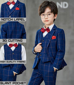 Boys Suit 3 Piece Formal Blue Plaid Slim Fit Kids Tuxedo Set Toddler Blazer Vest Dress Pants Ring Bearer Outfit