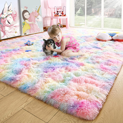 4X6 Rainbow Fluffy Soft Area Rug Non-Slip for Kids Bedroom Nursery Playroom | Plush丨Stays Put丨Soft丨Fluffy丨No Shedding丨Lays Flat丨Girls Room丨Dorm丨Indoor丨Laundry丨Shag丨Fuzzy丨Furry丨Carpet丨Home Decor