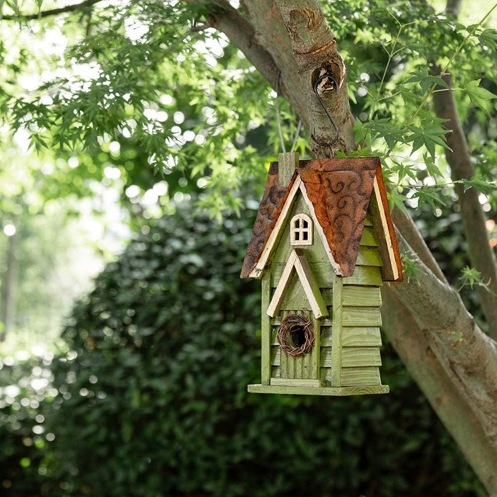 12" H Green Hanging Distressed Solid Wood Garden Bird House Decorative Birdhouse