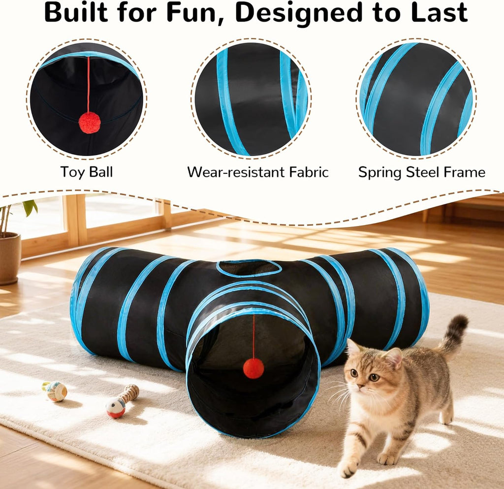 Pet Cat Tunnel Tube Toys 3 Way Collapsible, Tunnels for Indoor Cats, Interactive Tube with Teaser Wand, Peek Holes & Hanging Ball, Black & Blue