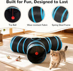 Pet Cat Tunnel Tube Toys 3 Way Collapsible, Tunnels for Indoor Cats, Interactive Tube with Teaser Wand, Peek Holes & Hanging Ball, Black & Blue