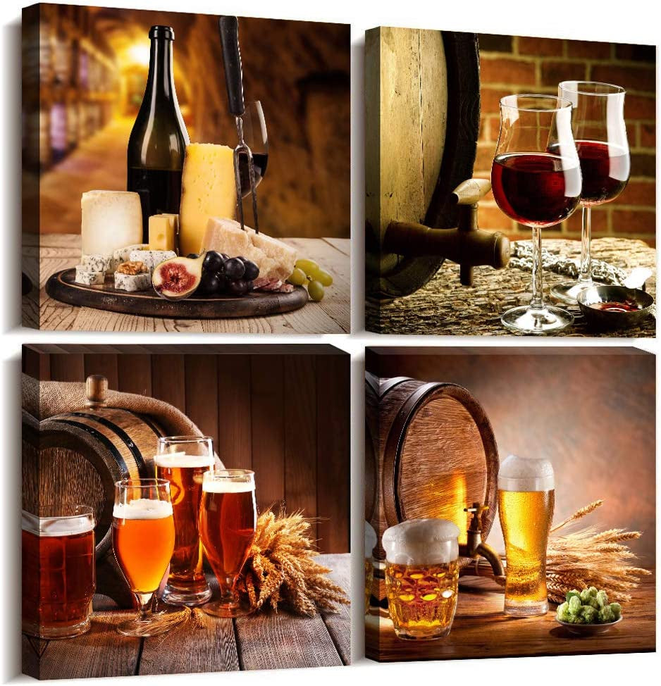 Kitchen Wall Decor Restoring Ancient Ways Still Life Wine Glass Wine Barrel Canvas Prints Wall Art for Dining Room Bar Home Decorations 16X16 Inch/4 Piece Restaurant Posters Decor Artwork Home Decor