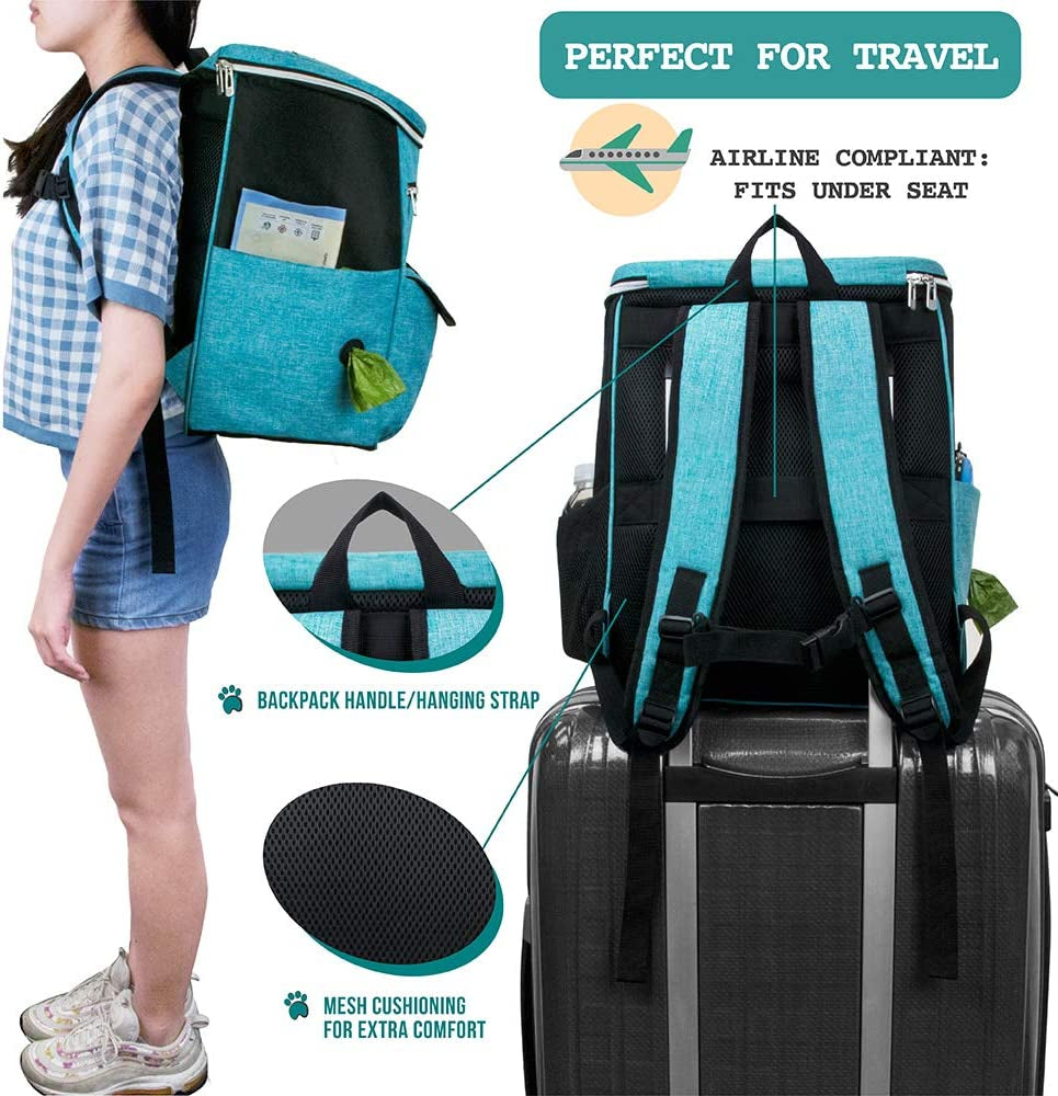 Dog Travel Backpack 27L Airline Approved Pet Supplies Bag, Teal Blue | Cat Traveling Suitcase Organizer for Weekend Road Trip Camping; 2 Food Containers, 2 Collapsible Bowls & Poop Bag Dispenser