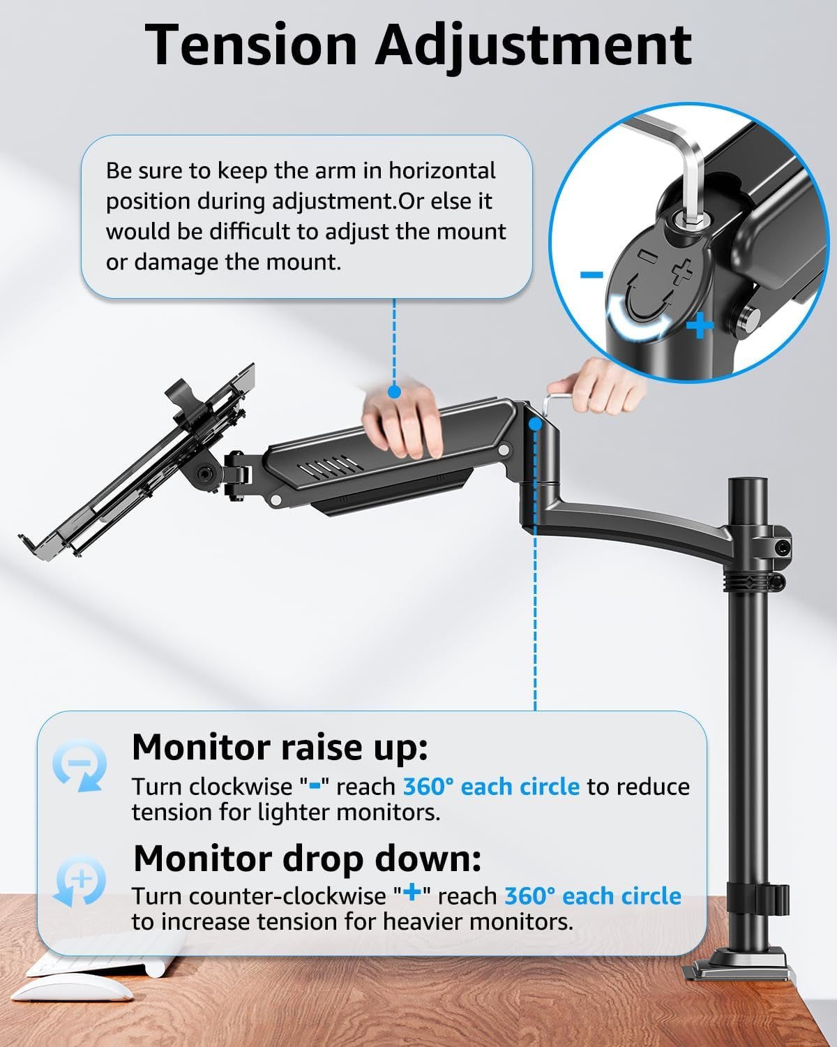 Laptop Desk Mount, Adjustable Laptop Stand for Max 17" Notebook or 32" Monitor, Laptops Arm Mount for Desk Holds 4.4-22Lbs, Tall Laptops Stand with Clamp/Grommet