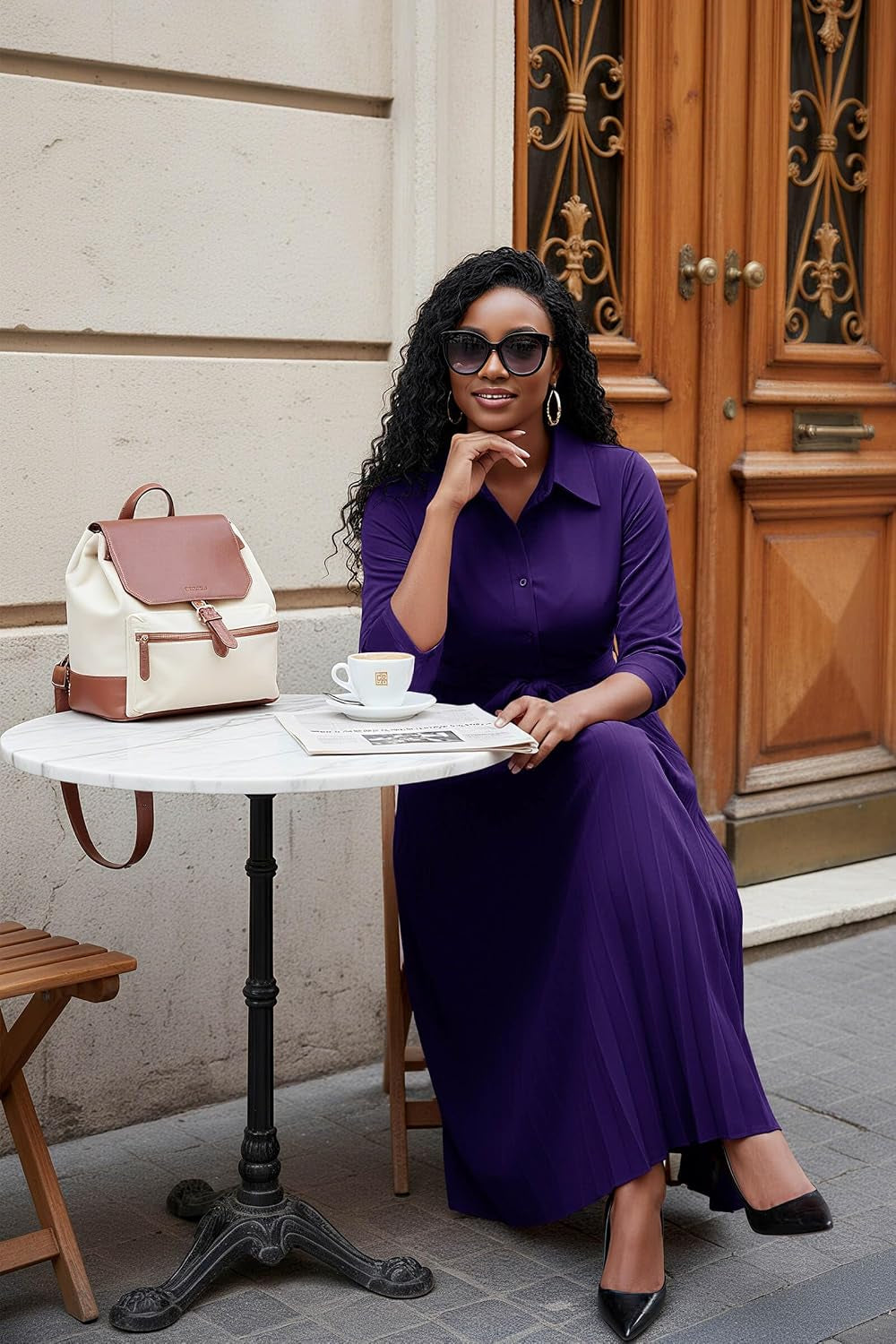 Womens Maxi Dress 3/4 Sleeve Button down Pleated Church Work Dress | Business Casual Lapel Neck Work Dress with Pockets/ Elegant Tie Waist Wedding Guest Dress with Belt/ Solid Color