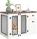 44 Inch Dog Crate Furniture, Large Dog Crate Furniture with Drawer Sand Side Cabinets, Wooden Dogs Kennel Indoor for Small Medium Large Dogs, White