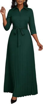 Womens Maxi Dress 3/4 Sleeve Button down Pleated Church Work Dress | Business Casual Lapel Neck Work Dress with Pockets/ Elegant Tie Waist Wedding Guest Dress with Belt/ Solid Color