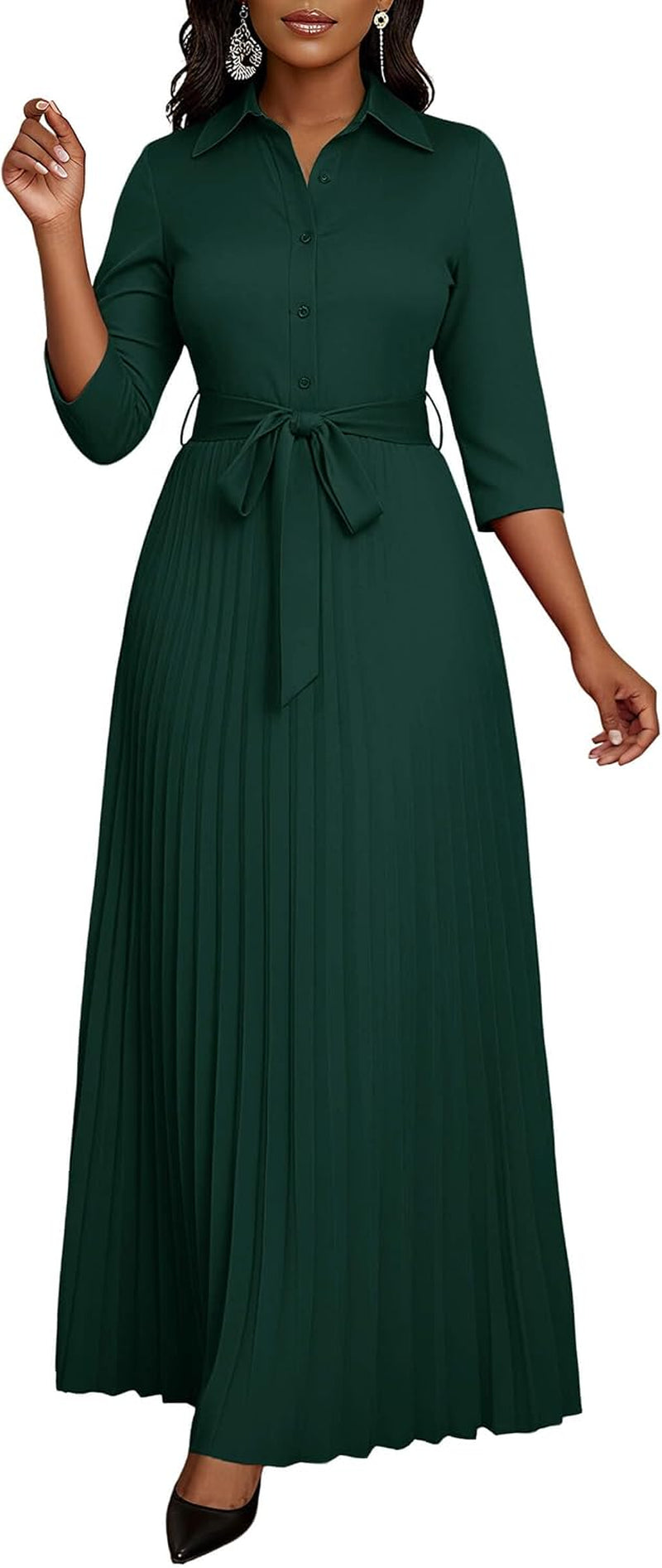 Womens Maxi Dress 3/4 Sleeve Button down Pleated Church Work Dress | Business Casual Lapel Neck Work Dress with Pockets/ Elegant Tie Waist Wedding Guest Dress with Belt/ Solid Color