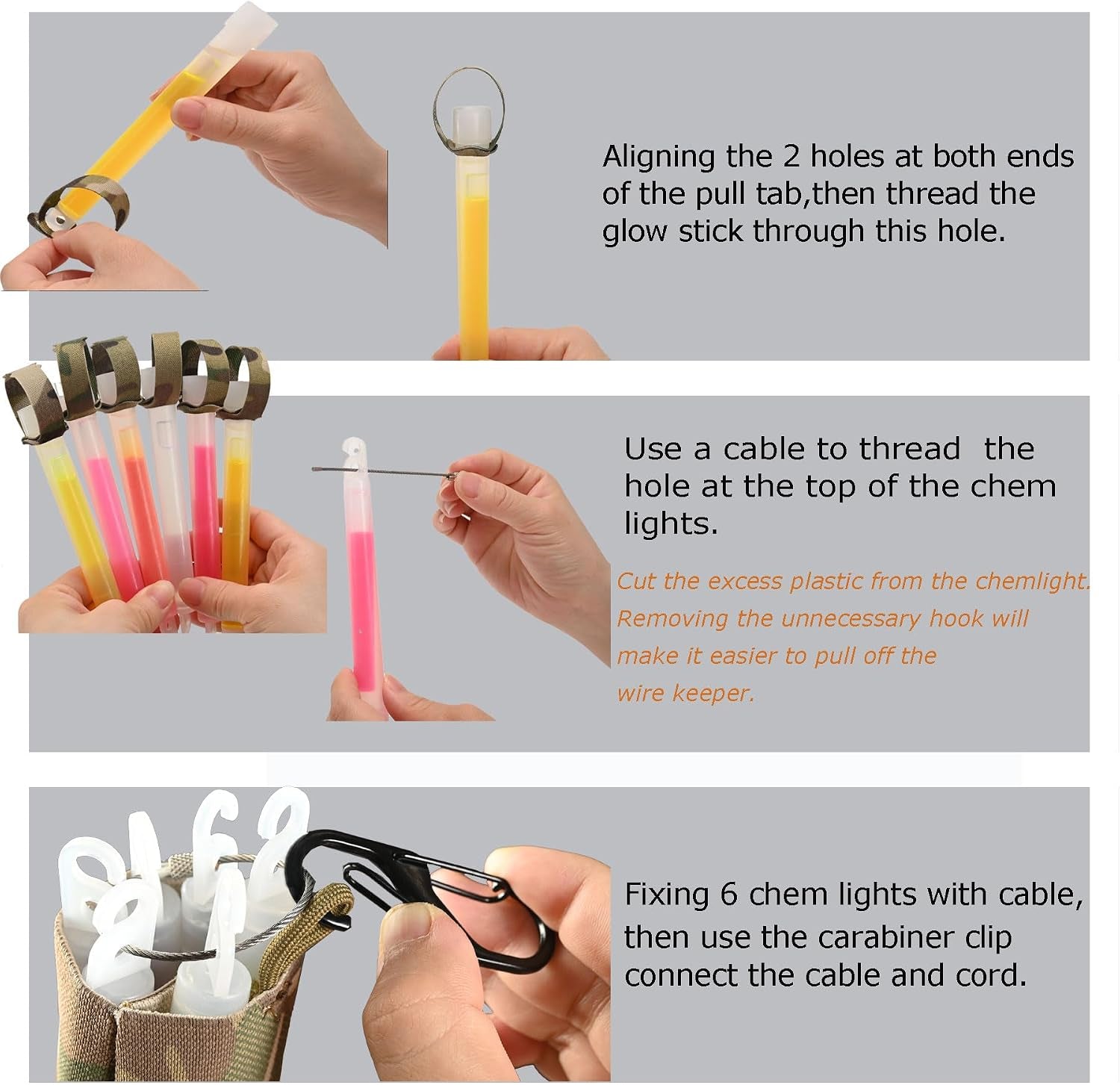 Chem Light Holder Kit with 6 Glow Sticks, Tactical Chem Light Holder with Pull Tabs, Cable Keepers and Carabiner Clip, 12 Hour Glow Sticks for Camping Fishing Hunting Emergency Gear