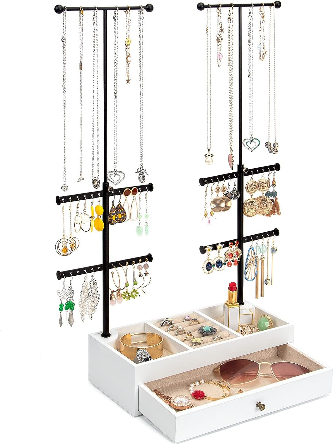 Jewelry Organizer Stand Wood Basic Jewelry Drawer Storage Box with Double Rods & 6 Tier Jewelry Tree Stand Holder for Necklaces Bracelet Earring Ring Display(Vintage White)