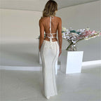 Women Sexy Crochet Maxi Dress Cut Out Halter V Neck Backless Knit Bodycon Long Dress Summer Beach Evening Party Dresses