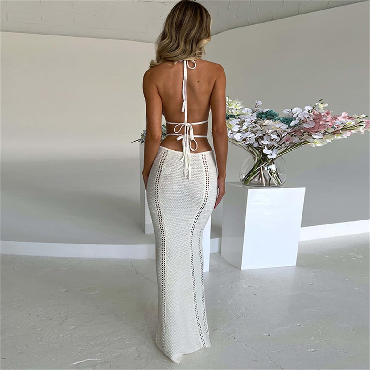 Women Sexy Crochet Maxi Dress Cut Out Halter V Neck Backless Knit Bodycon Long Dress Summer Beach Evening Party Dresses