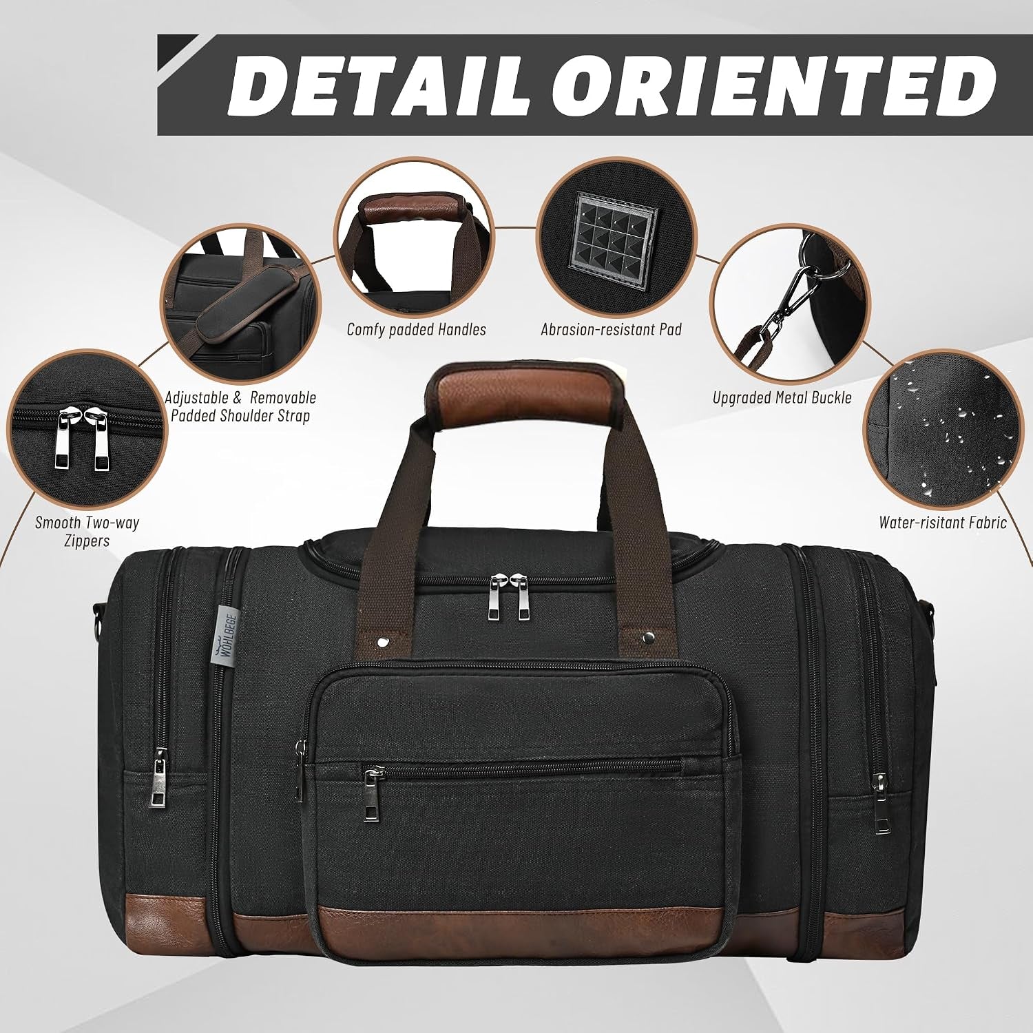 Duffle Bag for Travel,Overnight Weekend Gym Carry on Luggage Bag, 50L Canvas Travel Duffel Bag for Men Women, Expandable Spacious Travel Duffel Bag, Black