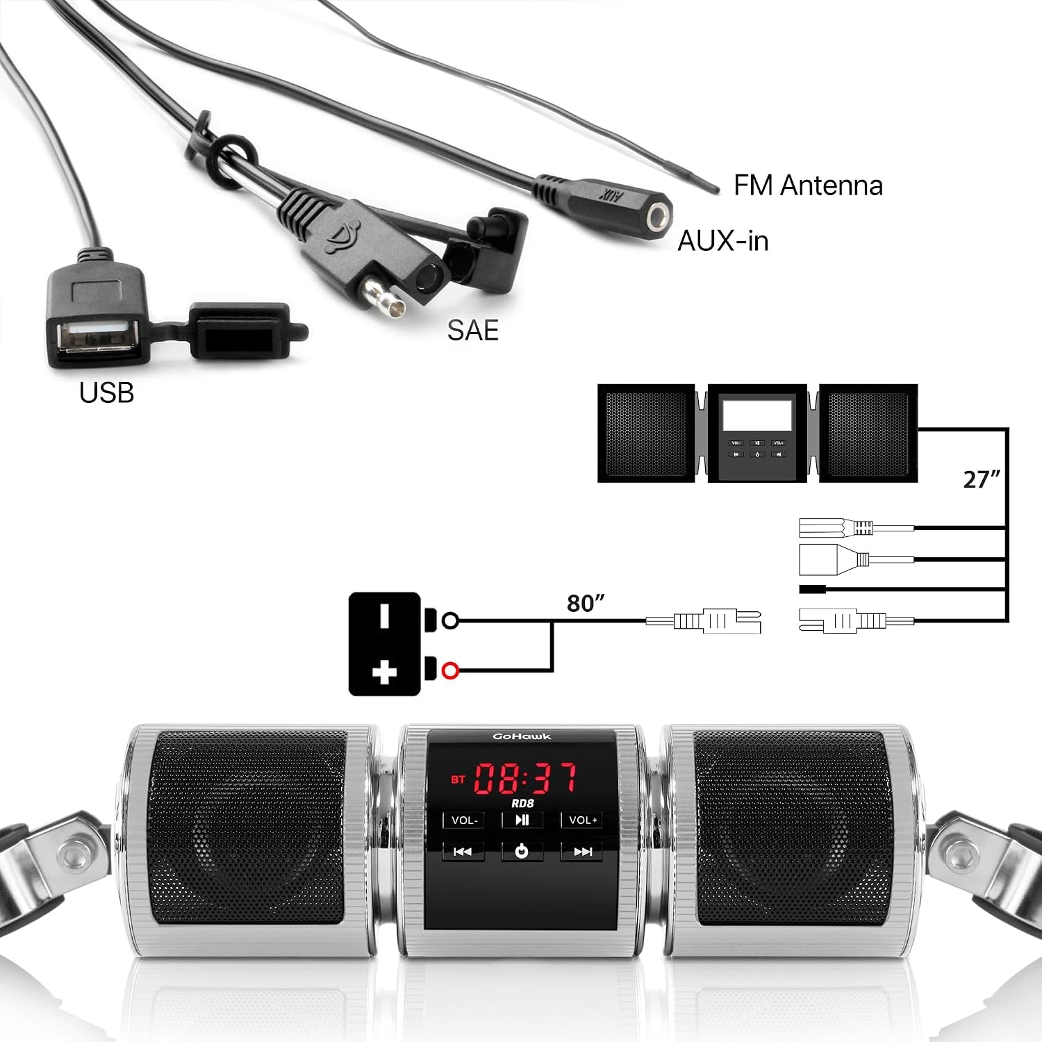 Motorcycle Bluetooth Speakers, Waterproof Radio Audio System | Built-In Amplifier, FM Radio, AUX Input, USB, Great for ATV, Scooter Bike,12 Volt Vehicle