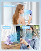 Handheld Fan, Foldable Portable Fan with LED Display, 3000Mah Battery Operated Mini Hand Held Fan, Handheld/Neck/Desk 3 in 1 Personal Small Fan for Eyelash Makeup Travel Beach Outdoor Purple