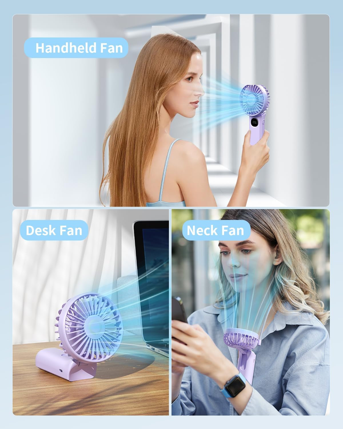 Handheld Fan, Foldable Portable Fan with LED Display, 3000Mah Battery Operated Mini Hand Held Fan, Handheld/Neck/Desk 3 in 1 Personal Small Fan for Eyelash Makeup Travel Beach Outdoor Purple