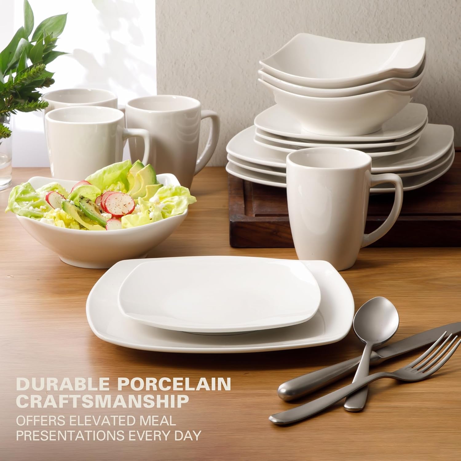Zen Buffet White Porcelain Dinnerware Set for 4, Square Plates Bowls and Mugs, Chip and Scratch Resistant, Dishwasher and Microwave Safe, 16 Piece