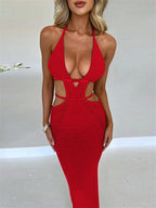 Women Sexy Crochet Maxi Dress Cut Out Halter V Neck Backless Knit Bodycon Long Dress Summer Beach Evening Party Dresses