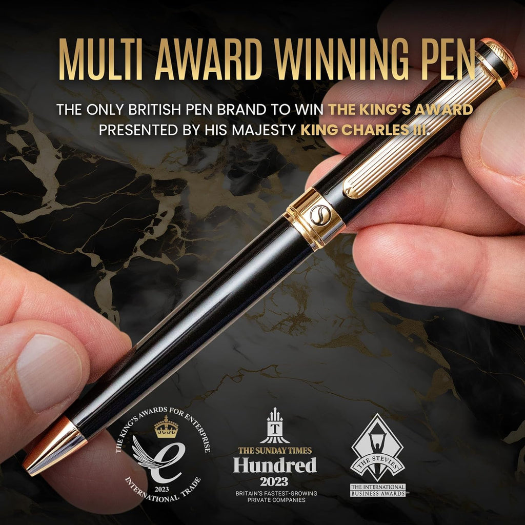Black Lacquer Ballpoint Pen -Stunning Luxury Pen, Real Gold Plating, Schmidt Black Refill, Best Gift Set for Men & Women, Professional Executive Office, Nice Fancy Designer Pens