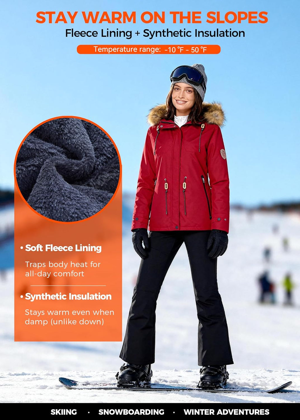 Women'S Waterproof Ski Jacket Fleece Lined Snow Jackets Winter Coat | 10,000Mm Waterproof Snowboard Jacket, Breathable 5000G, 4 Pockets, Windproof Hooded Insulated for Skiing, Hiking, Commute