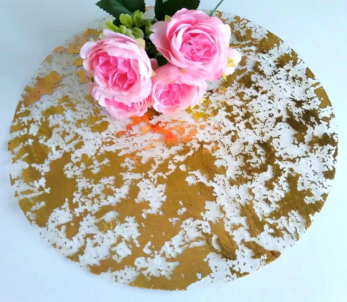 Disposable Gold Placemats Set of 50 Metallic Thin round 13 Inch Gold Doilies Mesh Pressed Fall Table Placemates 50 Pack Gold Charger Plates for Wedding, Birthday Party