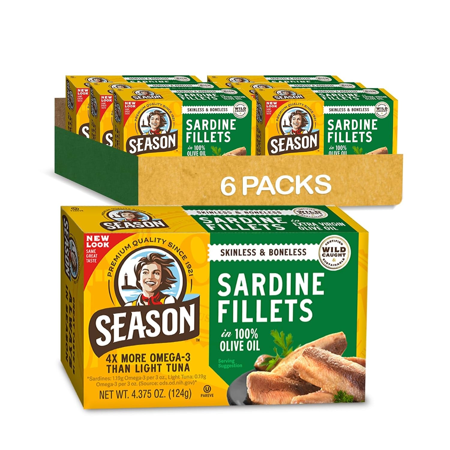 Sardines in Olive Oil Skinless & Boneless, 4.37 Oz Tins, 6-Pack | No Salt Added, Wild Caught, 22G of Protein, Keto Snacks, More Omega 3'S than Tuna, Kosher, High in Calcium, Canned Sardines