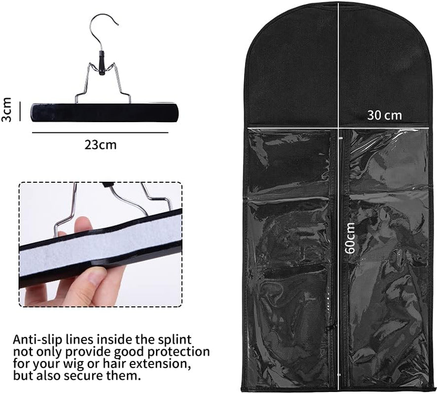 Wig Bags Storage with Hanger- 3PCS Hair Extensions Storage Bag Hair Hangers for Extensions Hairpieces Storage Holder (Black)