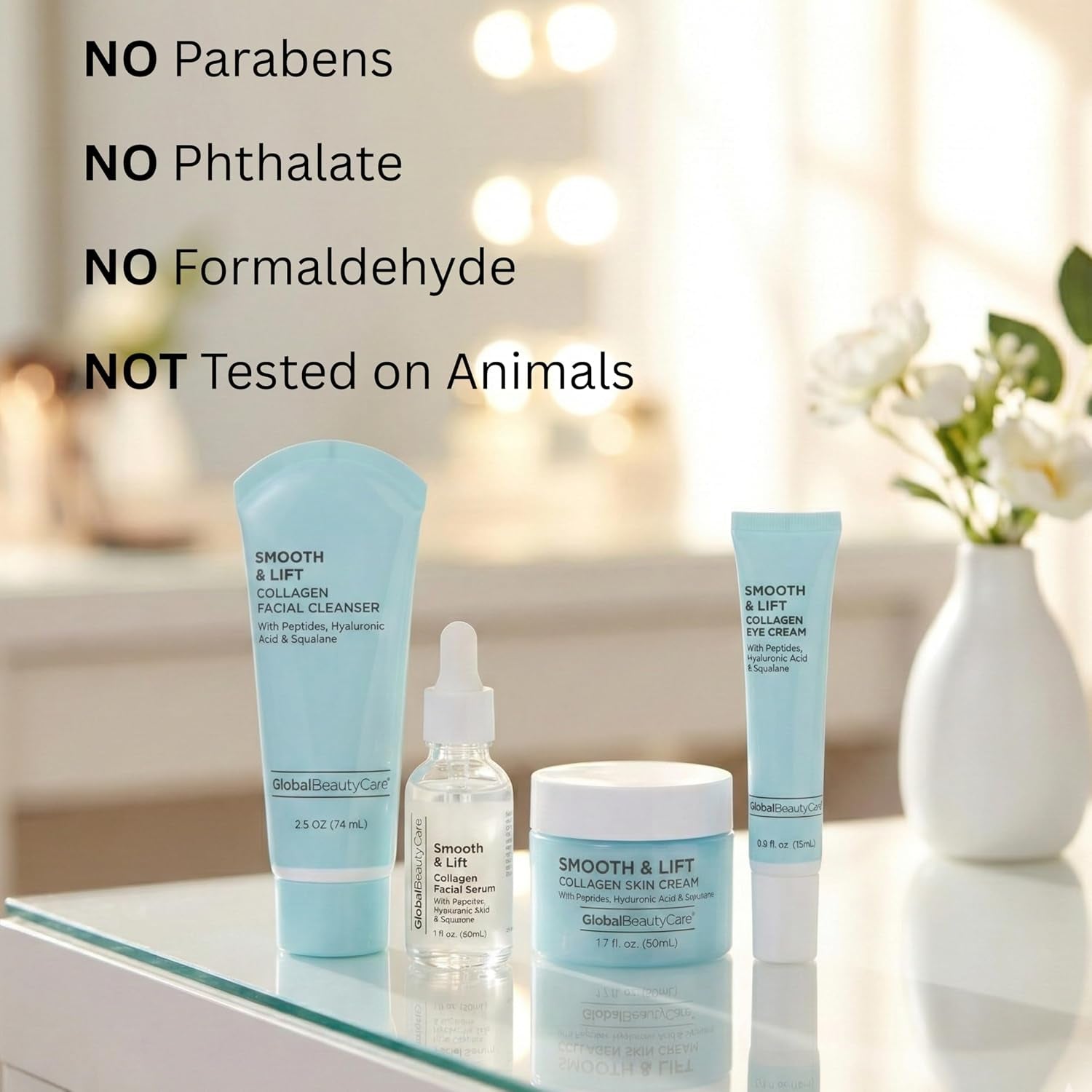 Smooth & Lift Collagen Skin Care Set - Hydrating & Firming Facial Cleanser, Serum, Eye Cream & Face Cream with Peptides & Hyaluronic Acid, Complete Face Care Routine, 4-Piece Set