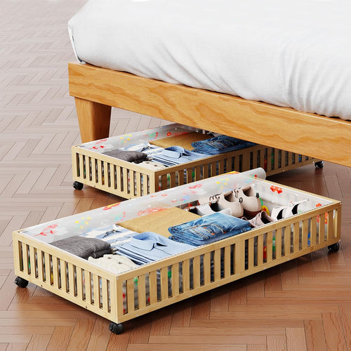 Bamboo under Bed Storage Containers with Wheels, 40L Underbed Drawers with Dust Bag, Breathable under Bed Shoe Storage, Rolling Underbed Clothes Storage, 2Pack