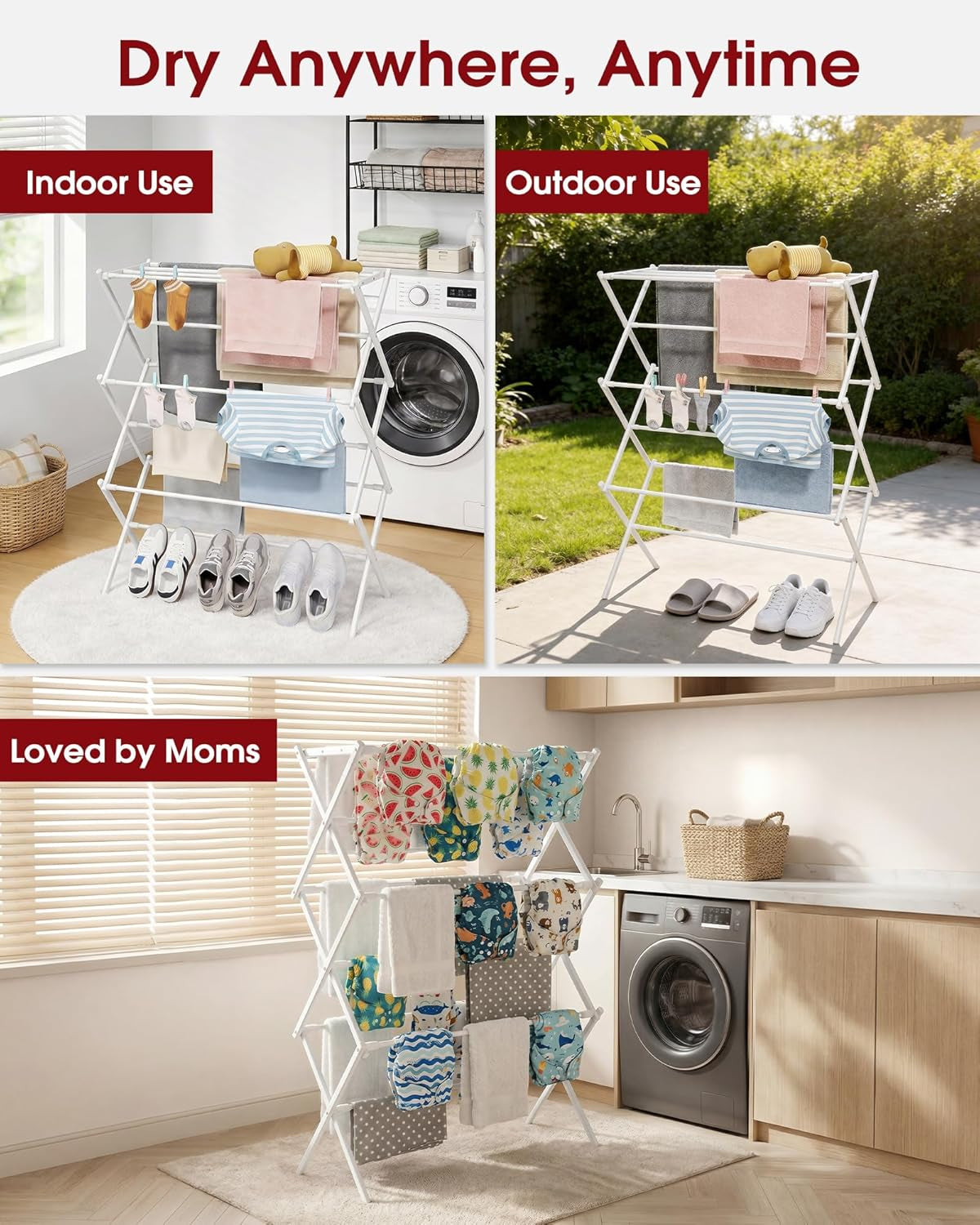 Foldable Clothes Drying Rack – Metal Laundry Drying Rack with Non-Slip Feet, 3-Tier Space-Saving Clothing Rack for Organization, Indoor & Outdoor Use, 11.4" D X 29.1" W X 37.4" H, White