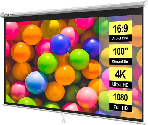 100 Inch Manual Pull down Projector Screen, 16:9 HD Retractable Projector Screens with Auto Locking for Movie Home Theater Cinema Office Video Game, White(87W X 49H Inch Display Area)