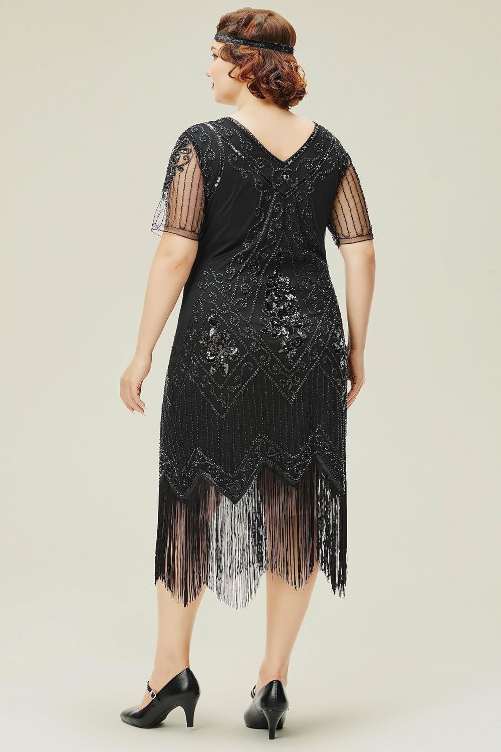 plus Size Flapper Dress 1920S Great Gatsby Costume Cocktail | plus Size Friendly, Fringe & Sequin Accents, Tassel Hem, Sequin-Beaded Vintage Pattern, for Roaring 20S Party