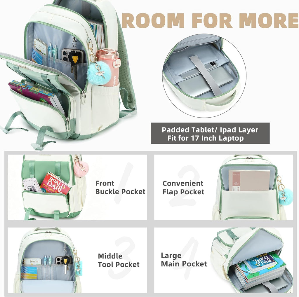 Backpack for Girls 15.6 Inch for School with Lunch Bag Pencil Case | 3PCS Cute Kids Laptop Backpacks Bookbag for Teen Girls Elementary Middle High School Bag College Students Travel Daypack