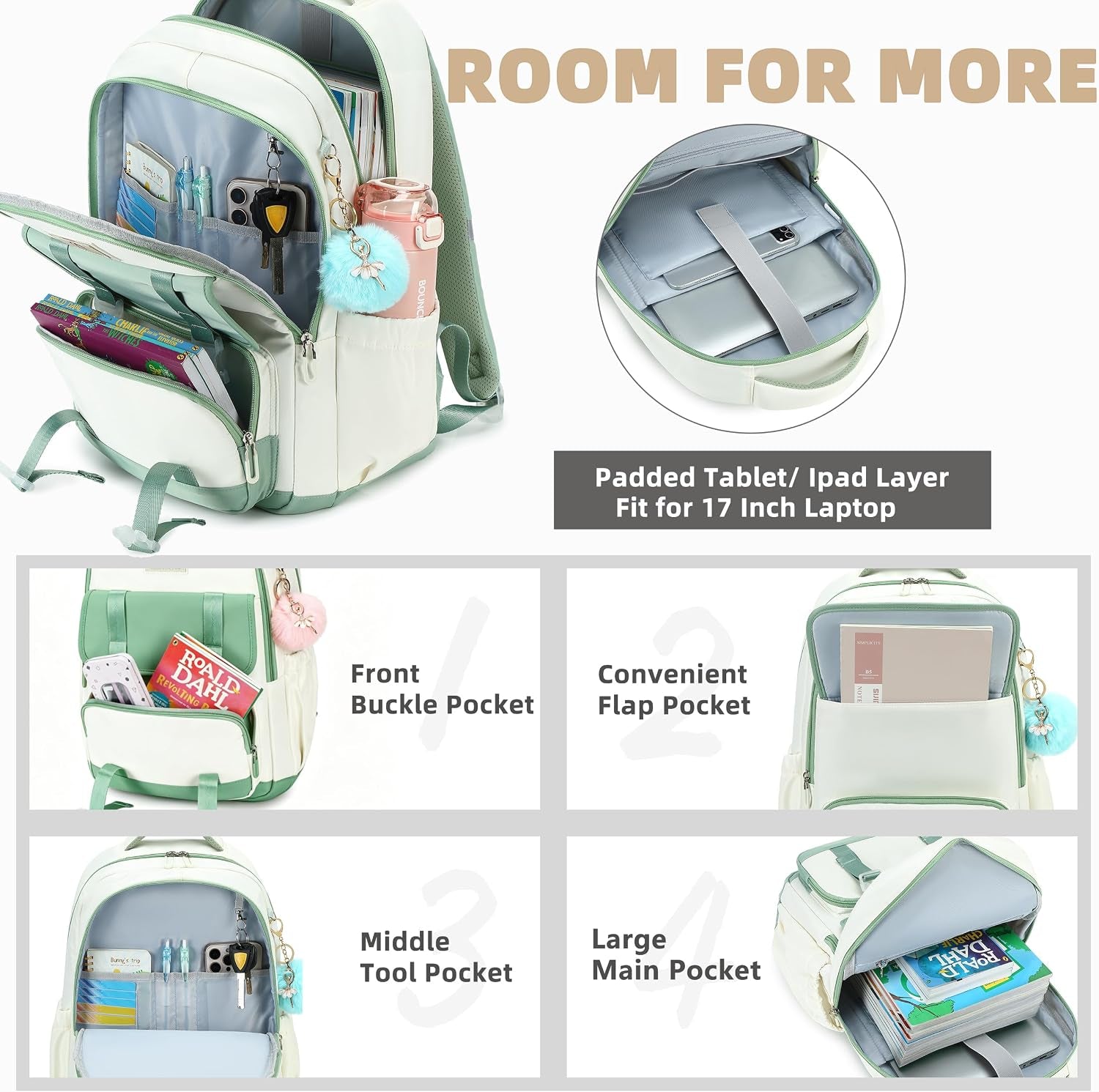 Backpack for Girls 15.6 Inch for School with Lunch Bag Pencil Case | 3PCS Cute Kids Laptop Backpacks Bookbag for Teen Girls Elementary Middle High School Bag College Students Travel Daypack